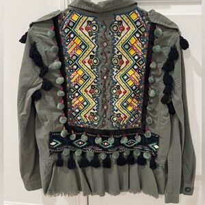 Zara Embroidered/Beaded Green Utility Jacket with Tassels - Size Small